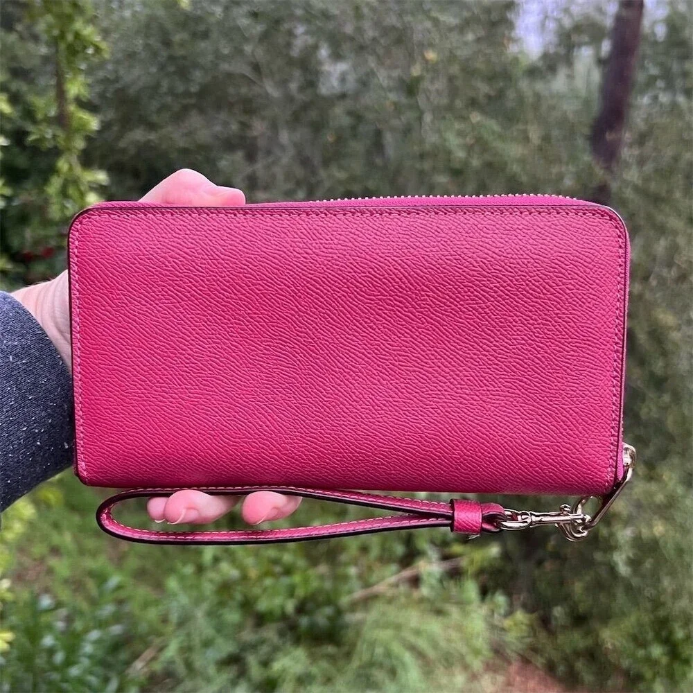 COACH Long Zip-Around Phone Wristlet Wallet Pink Crossgrain Leather w Gold